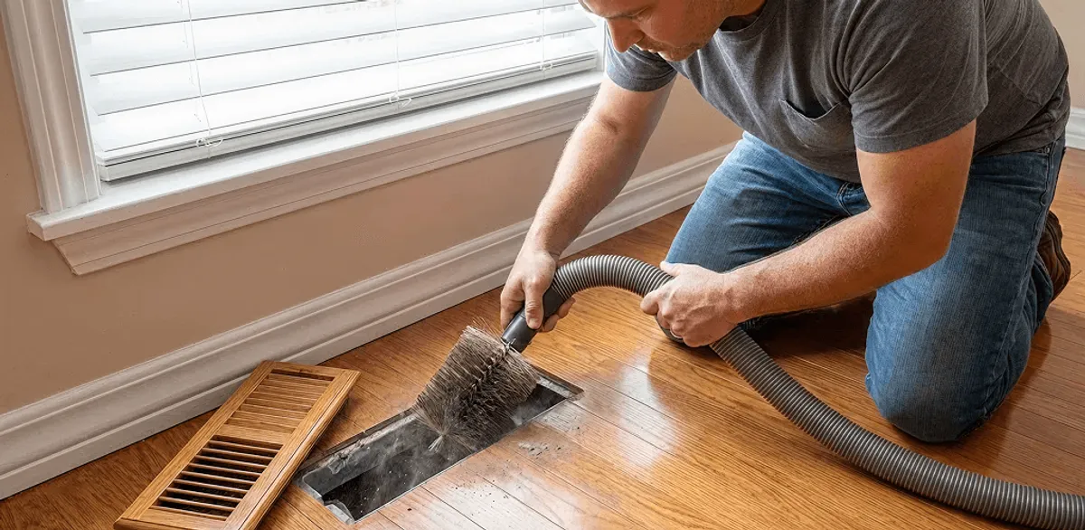 Air duct cleaning technician vacuuming a floor vent and duct opening in Chandler, AZ