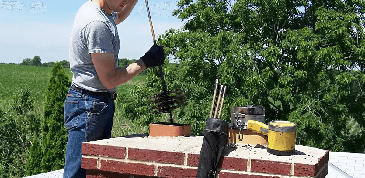 Chimney cleaning technician working on a rooftop chimney with professional tools in Chandler, AZ