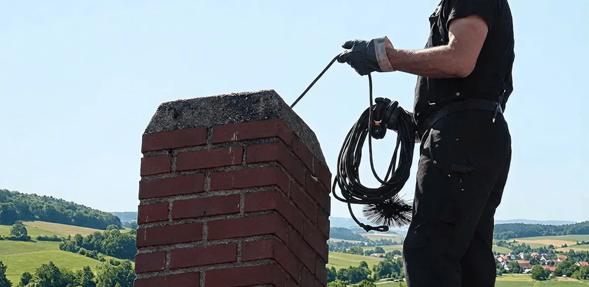 Chimney sweep inspecting and cleaning a rooftop chimney in Chandler, AZ