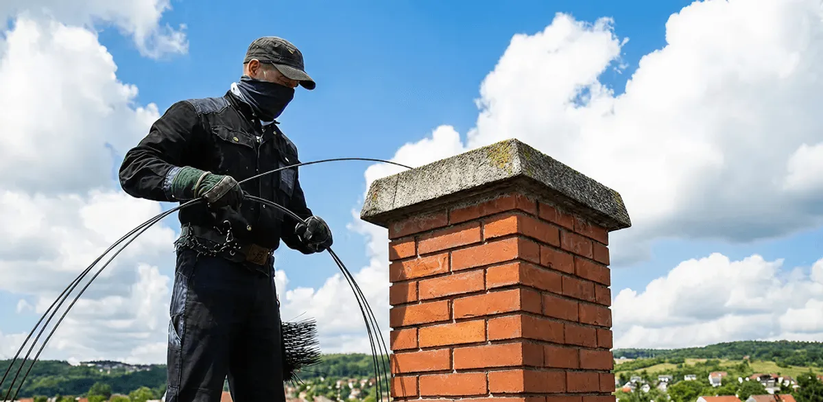 Chimney sweep cleaning a brick chimney with professional tools in Chandler, AZ