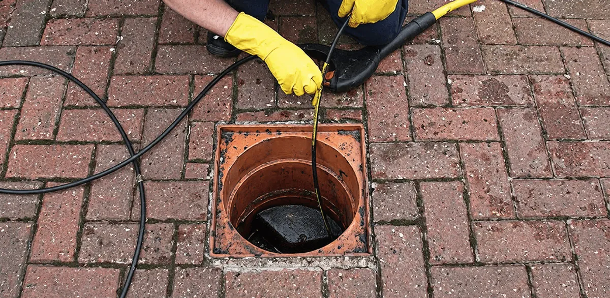 Drain cleaning technician using a drain snake to clear a clogged drain in Chandler, AZ