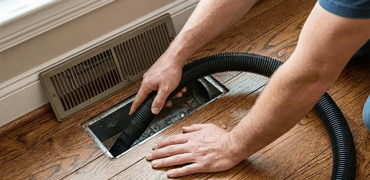 Air duct cleaning technician vacuuming a floor register and duct opening in Chandler, AZ