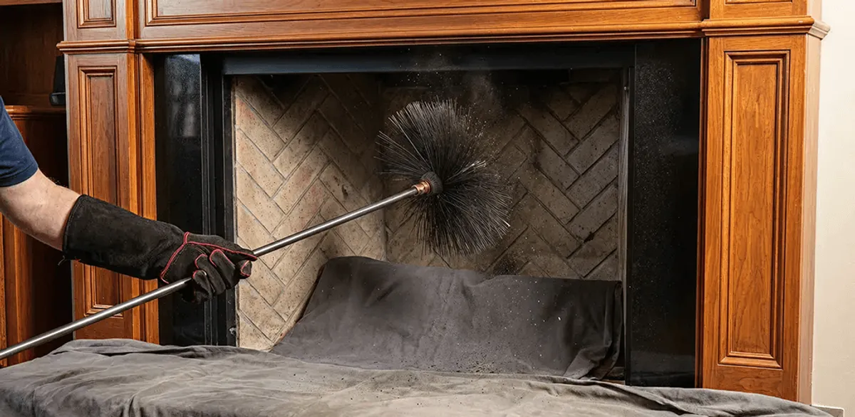 Chimney cleaning service brushing soot from a fireplace and flue in Chandler, AZ