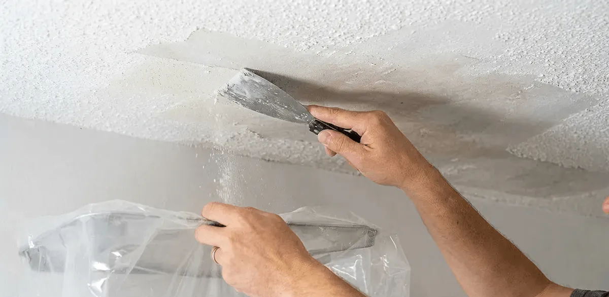 Popcorn ceiling removal technician scraping texture from a ceiling in Chandler, AZ