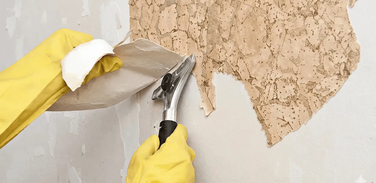 Wallpaper removal service stripping old wallpaper from a wall in Chandler, AZ
