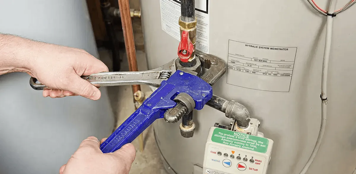 Water heater repair technician tightening the shutoff valve and supply line in Chandler, AZ