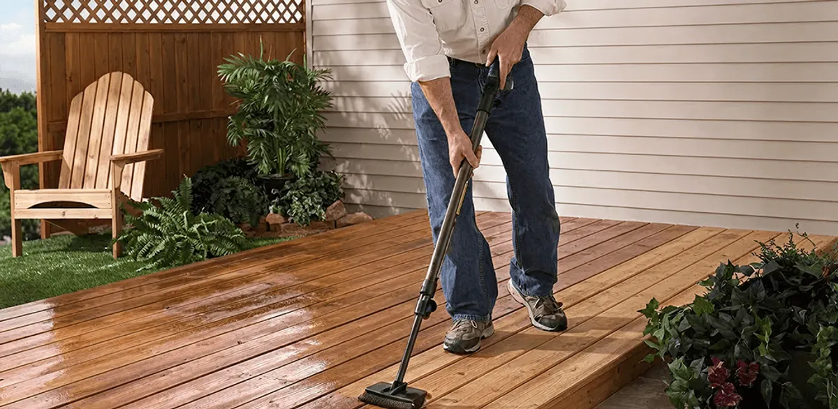 Deck staining service applying stain to a backyard wood deck in Chandler, AZ